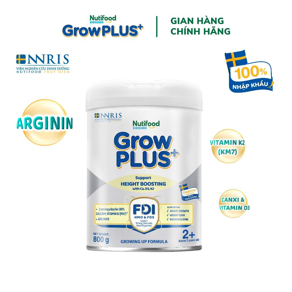 Sữa Bột Nutifood Sweden GrowPLUS+ Cao lớn vượt trội trên 2 tuổi (Bạc) 800g