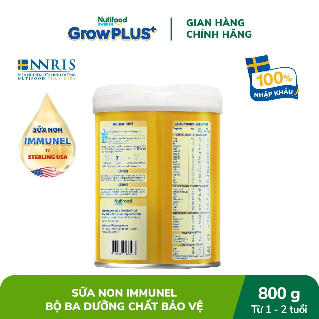 Sữa Bột Nutifood Sweden GrowPLUS+ Sữa Non Immunel từ lon 800 g