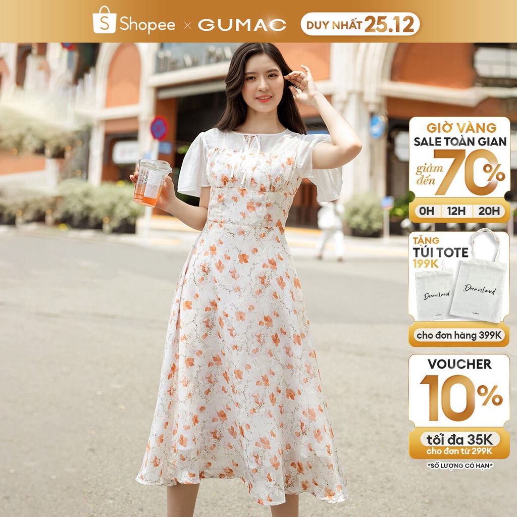 Đầm hoa phối vải tơ thời trang GUMAC DD06062
