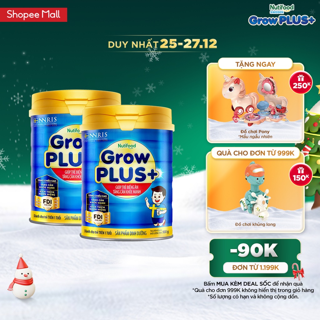 Combo 2 Sữa Bột Nutifood GrowPLUS+ Biếng Ăn 900g  - Tăng Cân Khỏe Mạnh (2 Lon x Lon 900g)