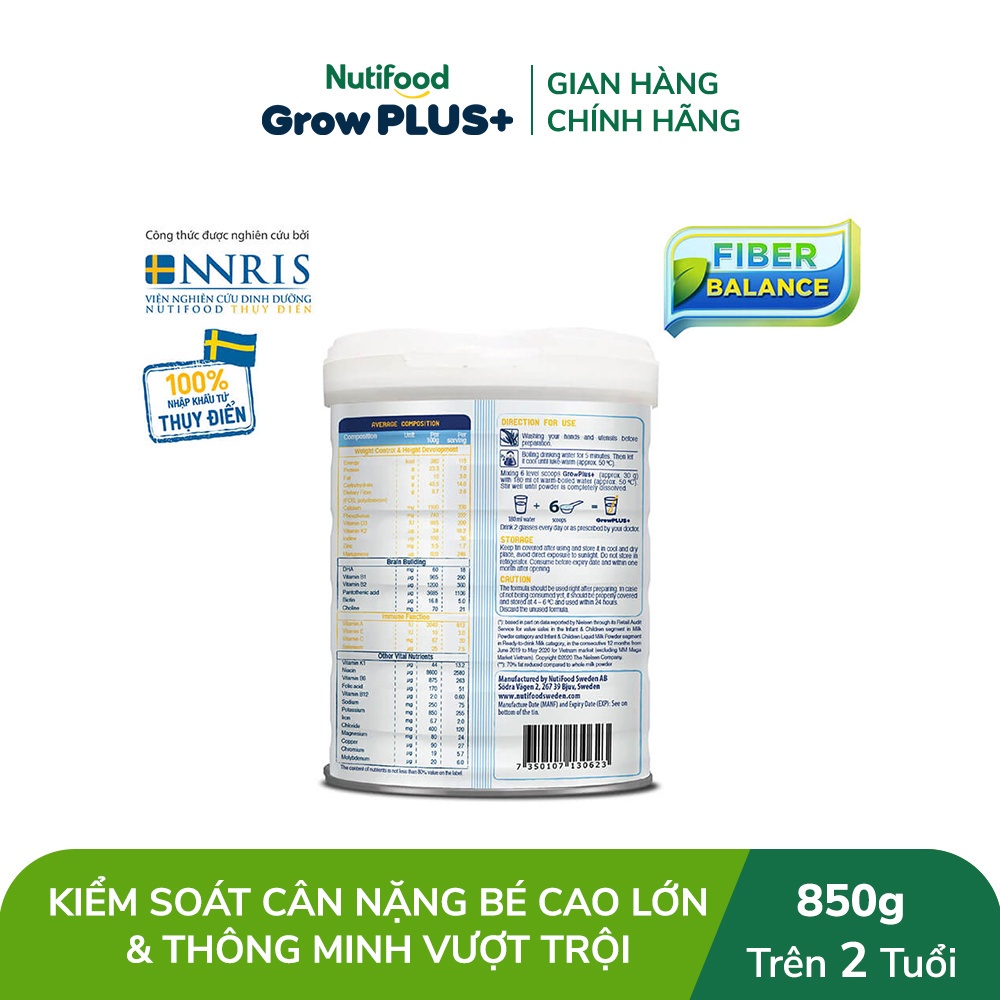 Combo 2 Sữa Bột Nutifood GrowPLUS+ Kiểm Soát Cân Nặng 850g - Cao Lớn, Thông Minh Vượt Trội (2 LonxLon 850g)