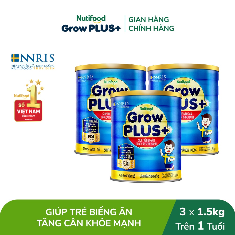 Combo 3 Sữa Bột Nutifood GrowPLUS+ Biếng Ăn 1.5Kg  - Tăng Cân Khỏe Mạnh (3 Lon x Lon 1.5Kg)