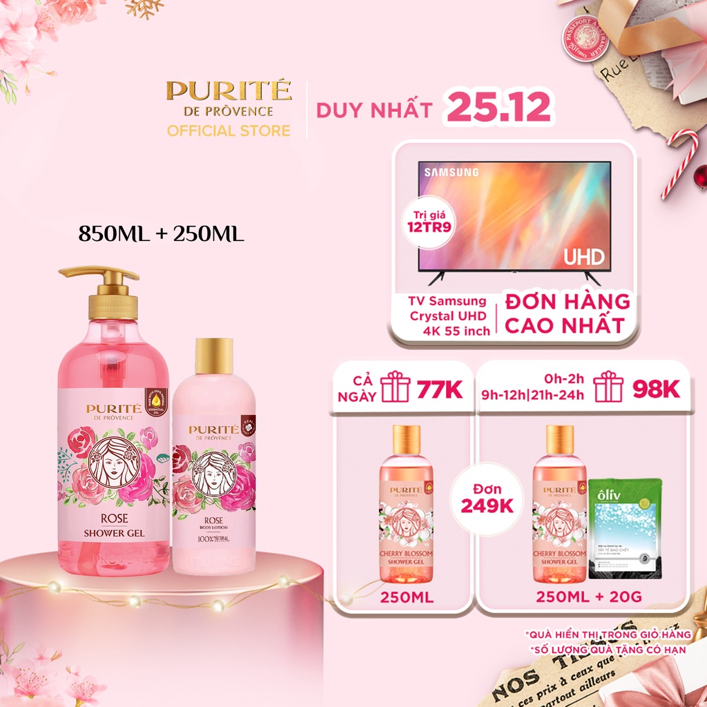 Combo Sữa tắm Purité Hoa Hồng 850ml + Sữa dưỡng thể Purité Hoa Hồng 250ml