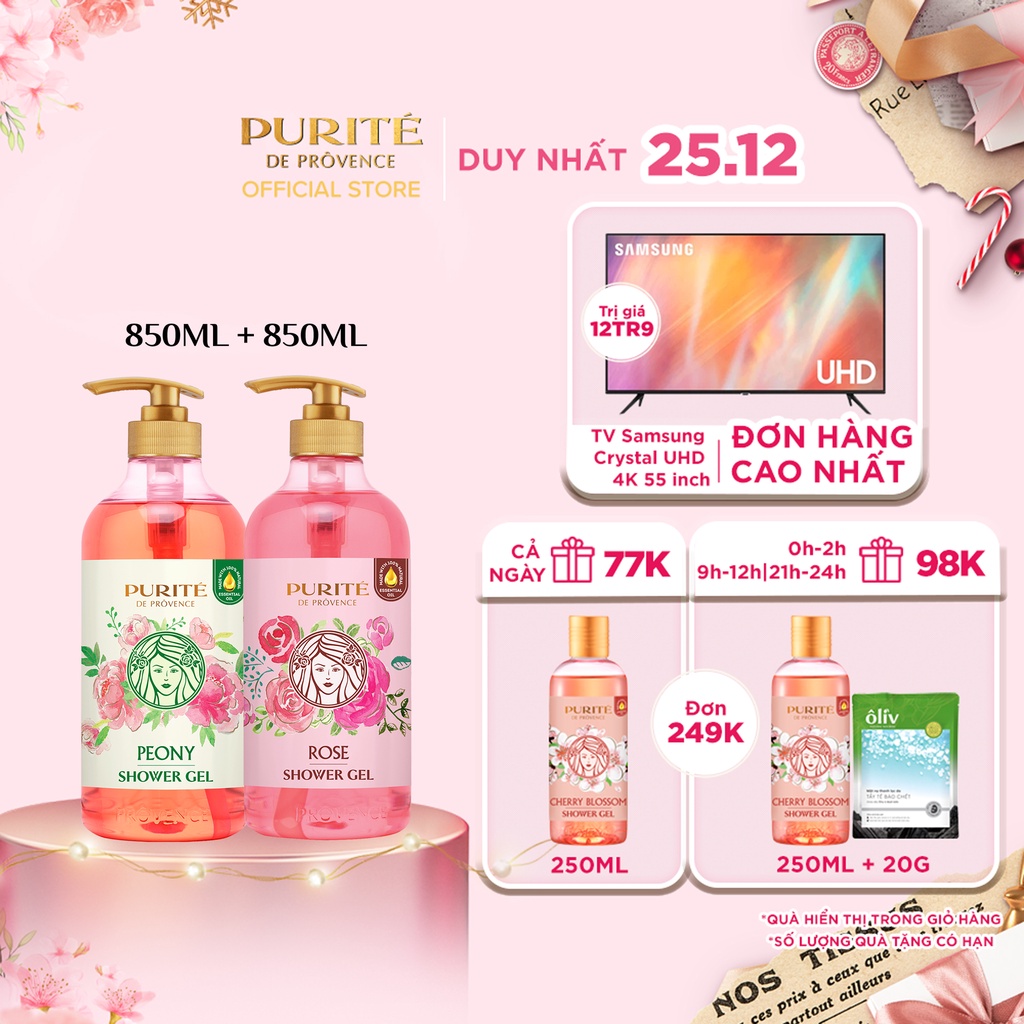 Combo Sữa Tắm Purité Mềm Mịn Hoa Hồng 850ml + Sữa tắm Purité thư giãn hoa mẫu đơn 850ml