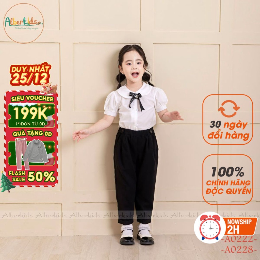 Sét đồ đi học bé gái ALBERKIDS áo cổ sen nơ ngực quần dài đen baggy cho trẻ em 4,5,6,7,8,9,10,11,12 tuổi [A0228-A0222]