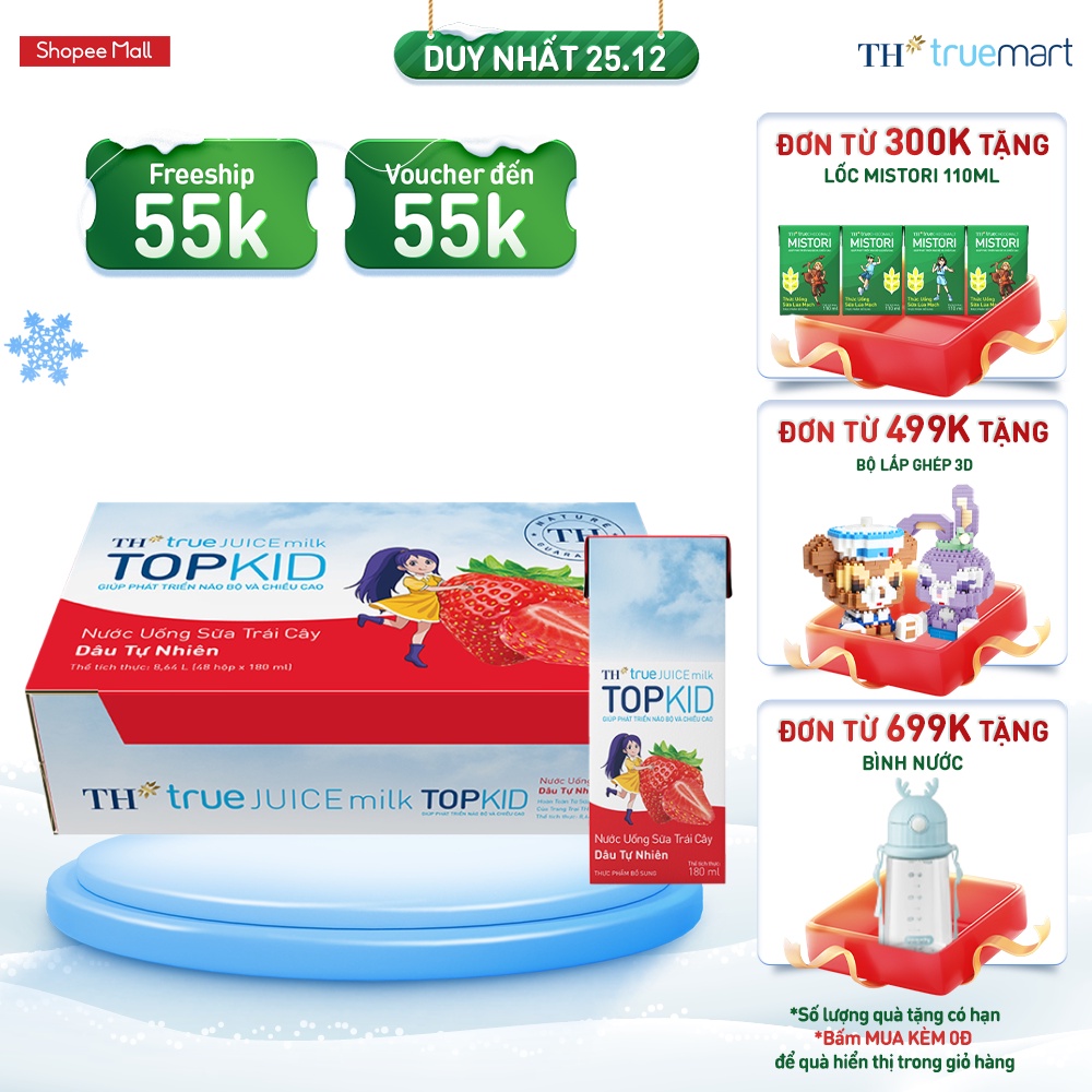 Thùng 48 hộp sữa trái cây TOPKID hương dâu tự nhiên TH True Juice Milk 180ml