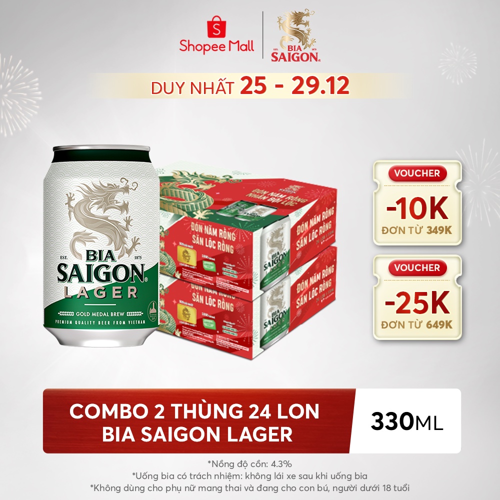  Combo 2 Thùng Bia Saigon Lager 330ml x 24 lon