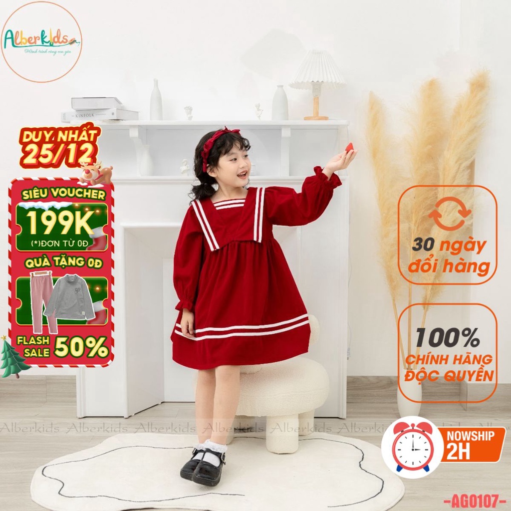 Váy bé gái ALBERKIDS thu đông dài tay đỏ phối kẻ trắng xinh đẹp cho trẻ em gái từ 2,3,4,5,6,7,8,9,10,11,12 tuổi AG0107