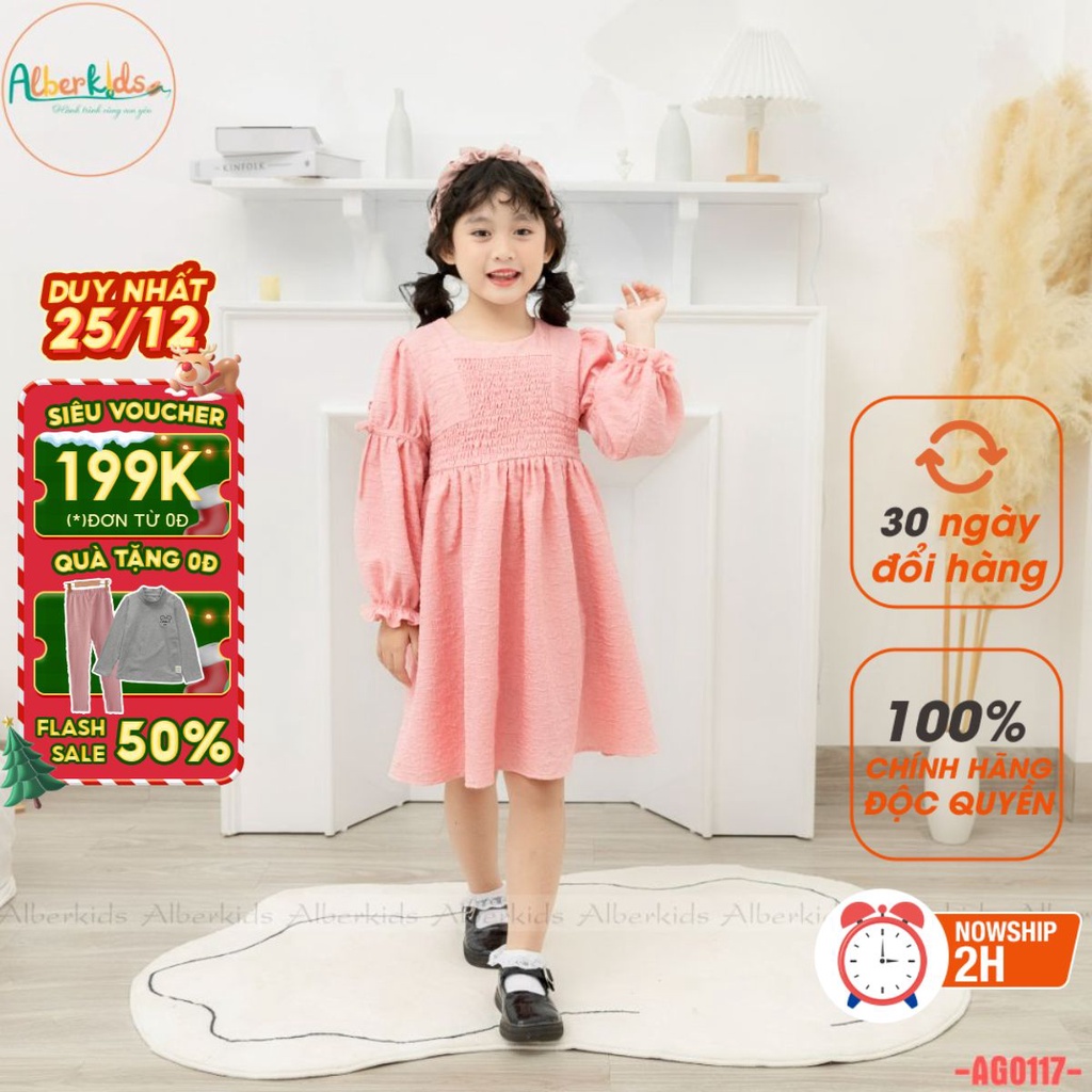Váy bé gái dài tay Hồng chun ngực chất liệu xốp gió công chúa xinh đẹp cho trẻ em 2,3,4,5,6,7,8,9,10,11,12 tuổi AG0117