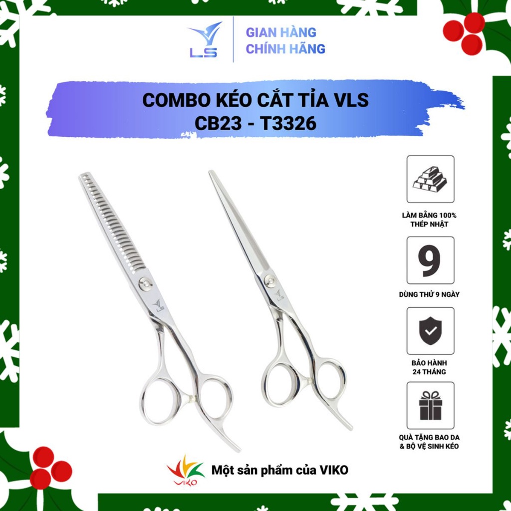 Combo 2 kéo cắt tỉa cao cấp VLS, kéo cắt lưỡi thẳng chuôi offset vênh CB23, kéo tỉa chuôi off set vênh răng cong T3226