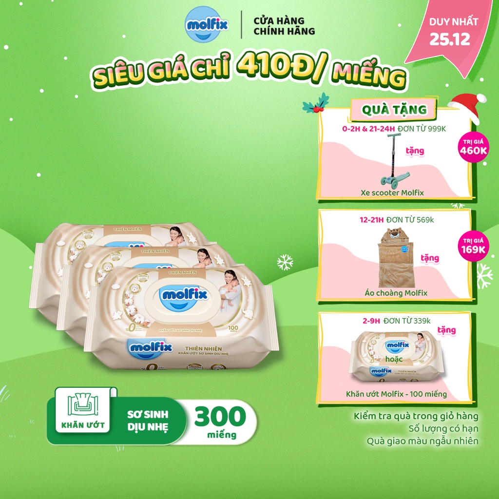 Combo 3 Khăn ướt Molfix Thiên nhiên Sơ Sinh Dịu Nhẹ - Gói 100 miếng