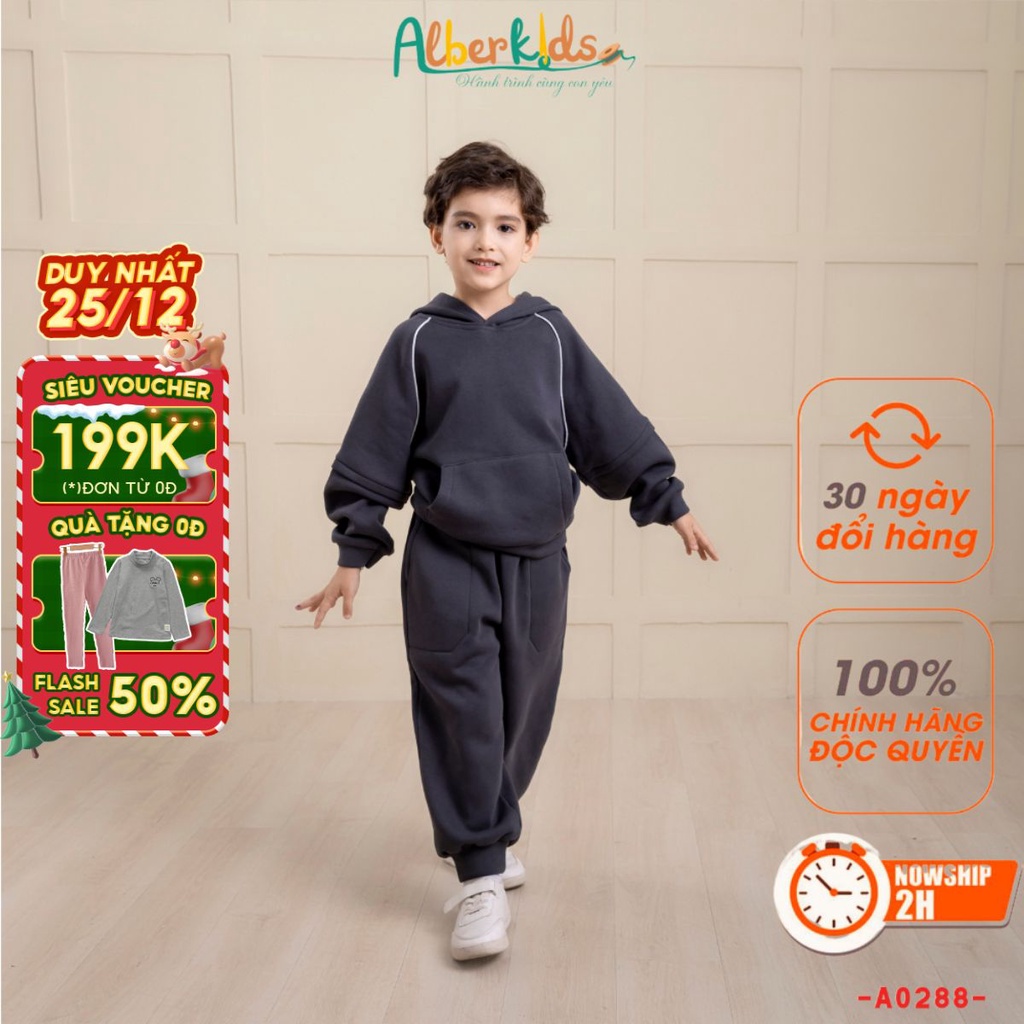 Bộ đồ nỉ bé trai ALBERKIDS có mũ phối né trắng cho trẻ em 2,3,4,5,6,7,8,9,10,11,12 tuổi [A0288]