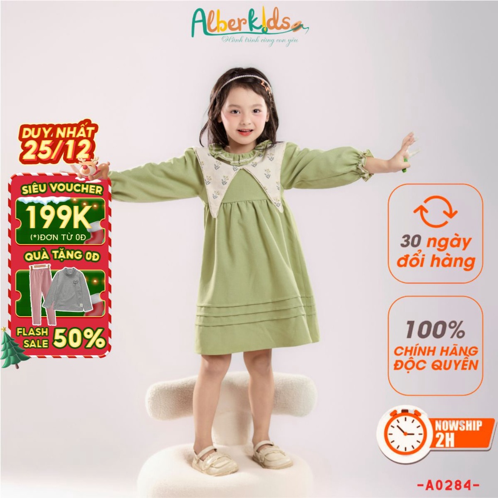 Váy bé gái ALBERKIDS dài tay nhung tăm chéo xanh phối cổ hoa công chúa xinh trẻ em 2,3,4,5,6,7,8,9,10,11,12 tuổi [A0284]