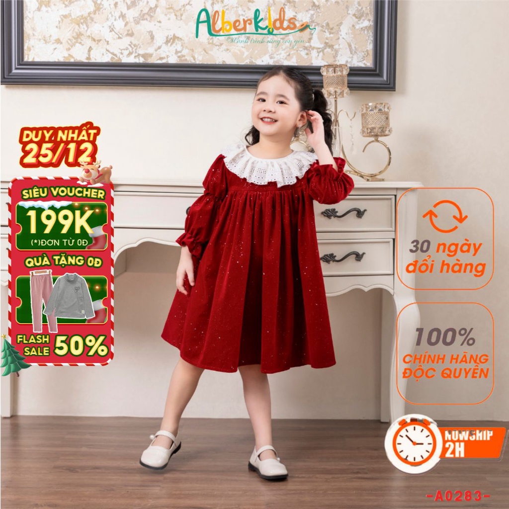 Váy bé gái ALBERKIDS dài tay Nhung kim tuyến óng ánh công chúa xinh đẹp cho trẻ em 2,3,4,5,6,7,8,9,10,11,12 tuổi [A0283]