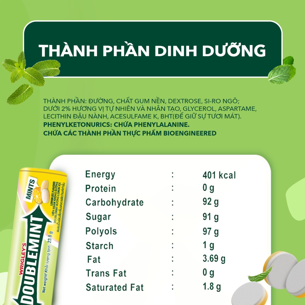 Combo 2 Hộp Viên Ngậm Không Đường Doublemint Hương Chanh 35 viên