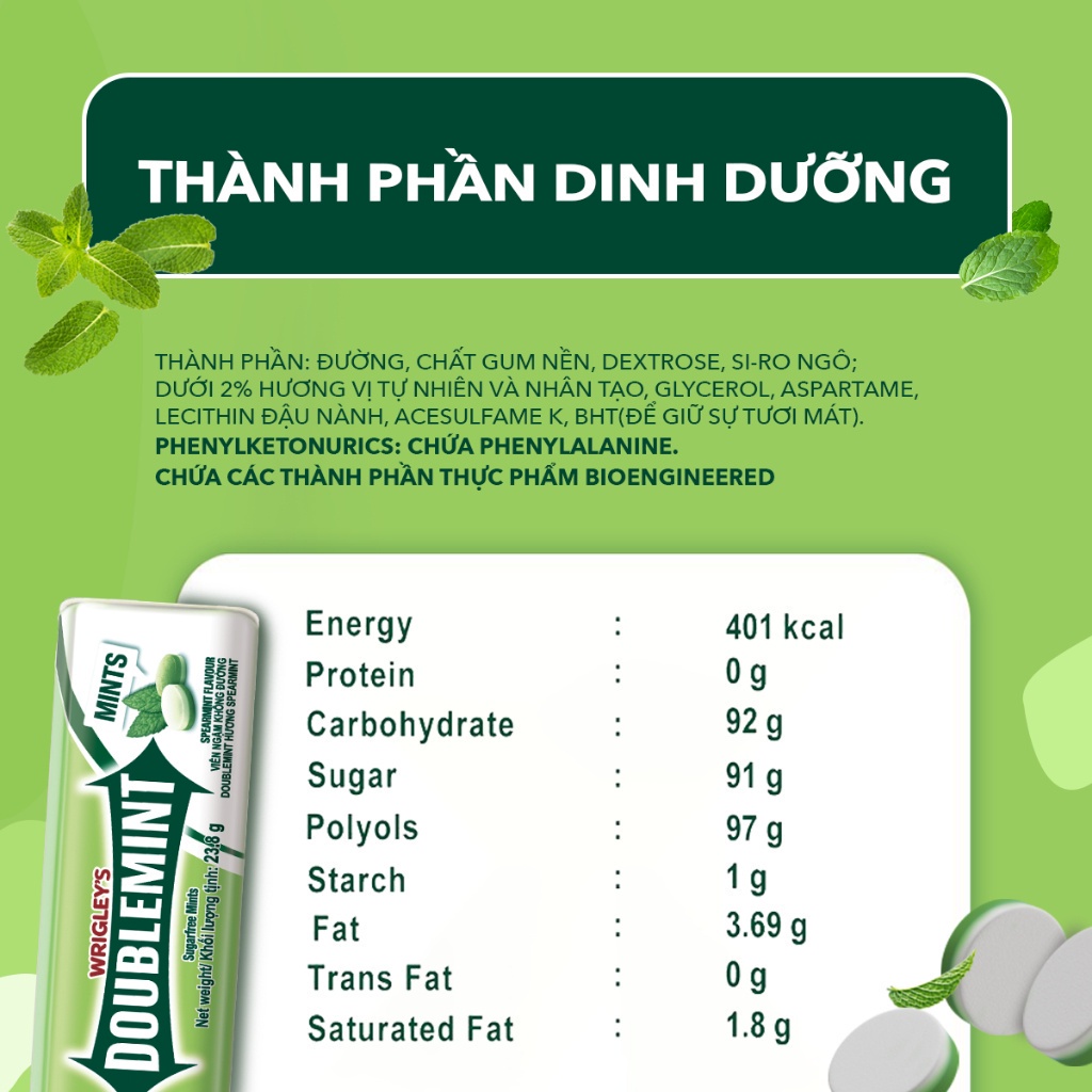 Combo 4 hộp viên ngậm không đường Doublemint hương bạc hà lục 35 viên