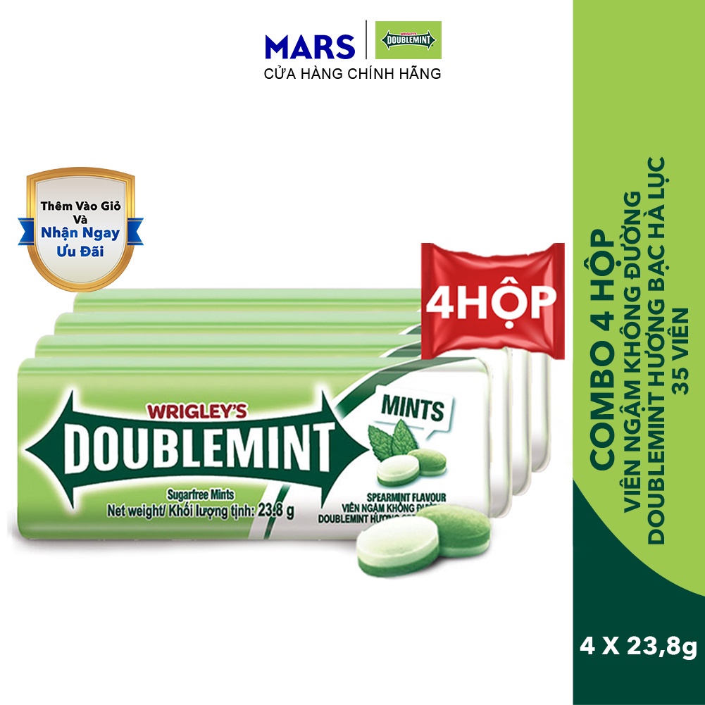 Combo 4 hộp viên ngậm không đường Doublemint hương bạc hà lục 35 viên