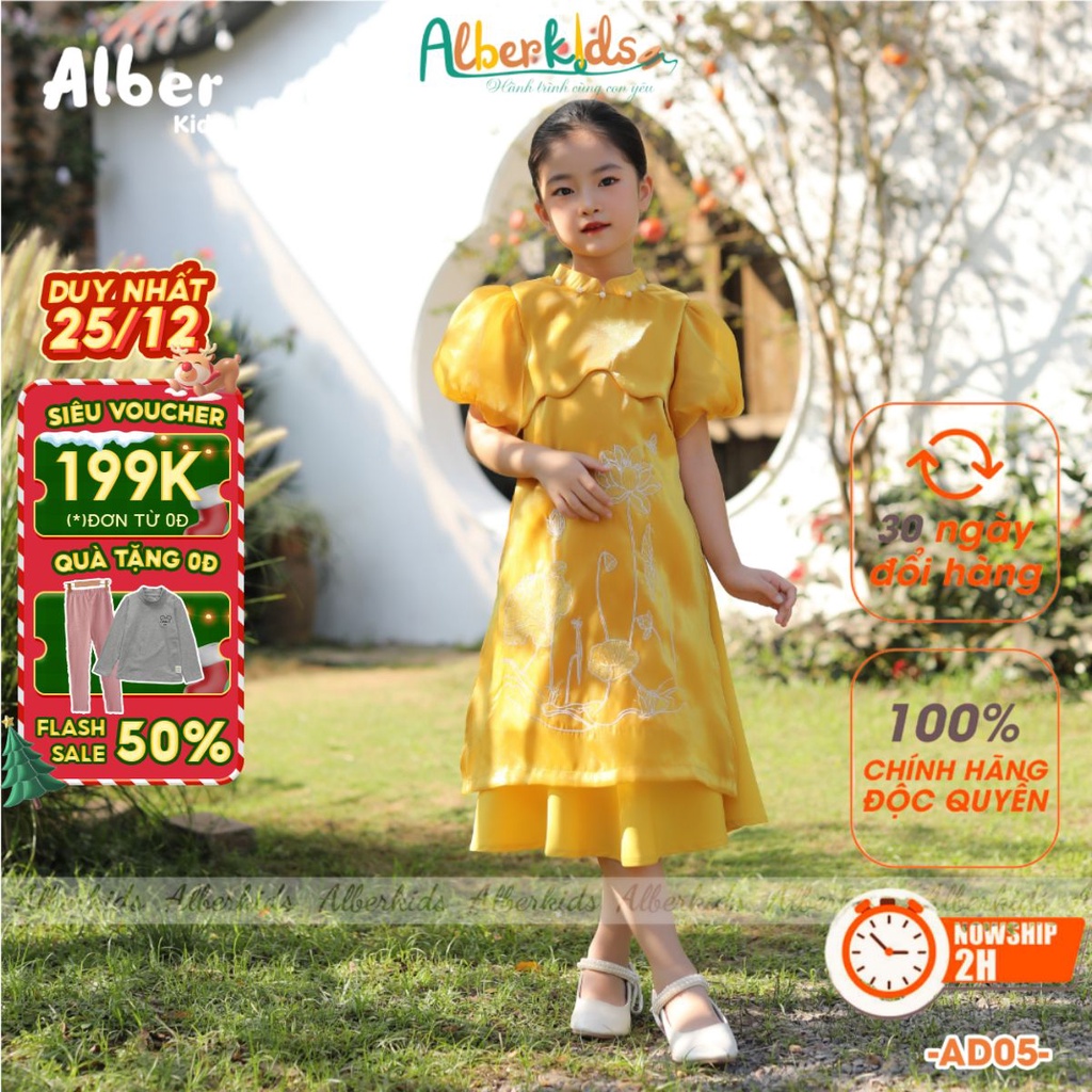 Áo dài thêu hoa sen 2 VÀNG ĐỎ ALBERKIDS phiên bản TẾT 2024 cho bé gái cho trẻ em 4,5,6,7,8,9,10,11,12 tuổi AD05