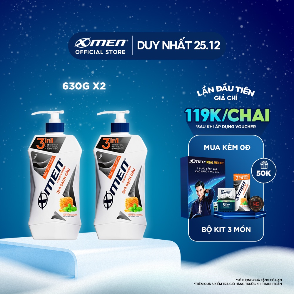 Combo 2 Tắm Gội Dưỡng Xmen Clean & Fresh 3in1 Sạch Gàu 610gx2