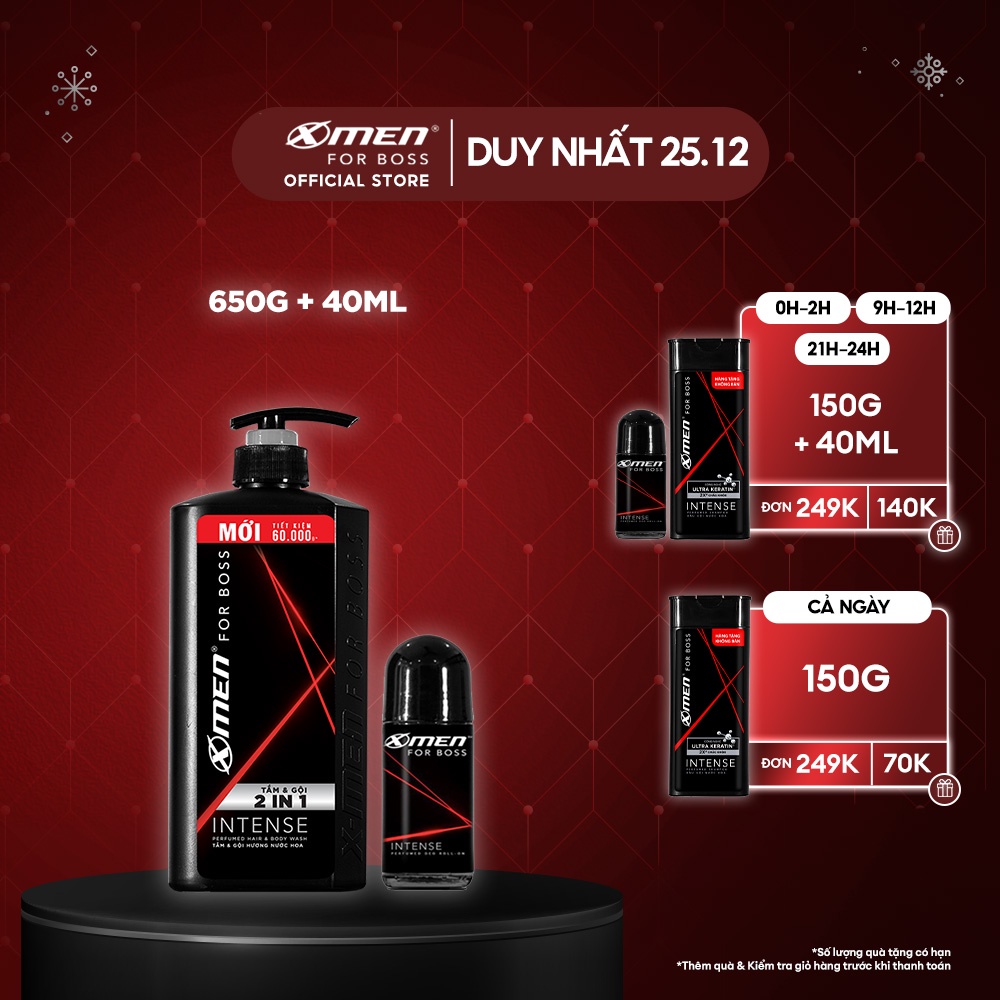 Combo Tắm Gội X-Men for Boss Intense 2IN1 650g và Lăn khử mùi Intense 40ml