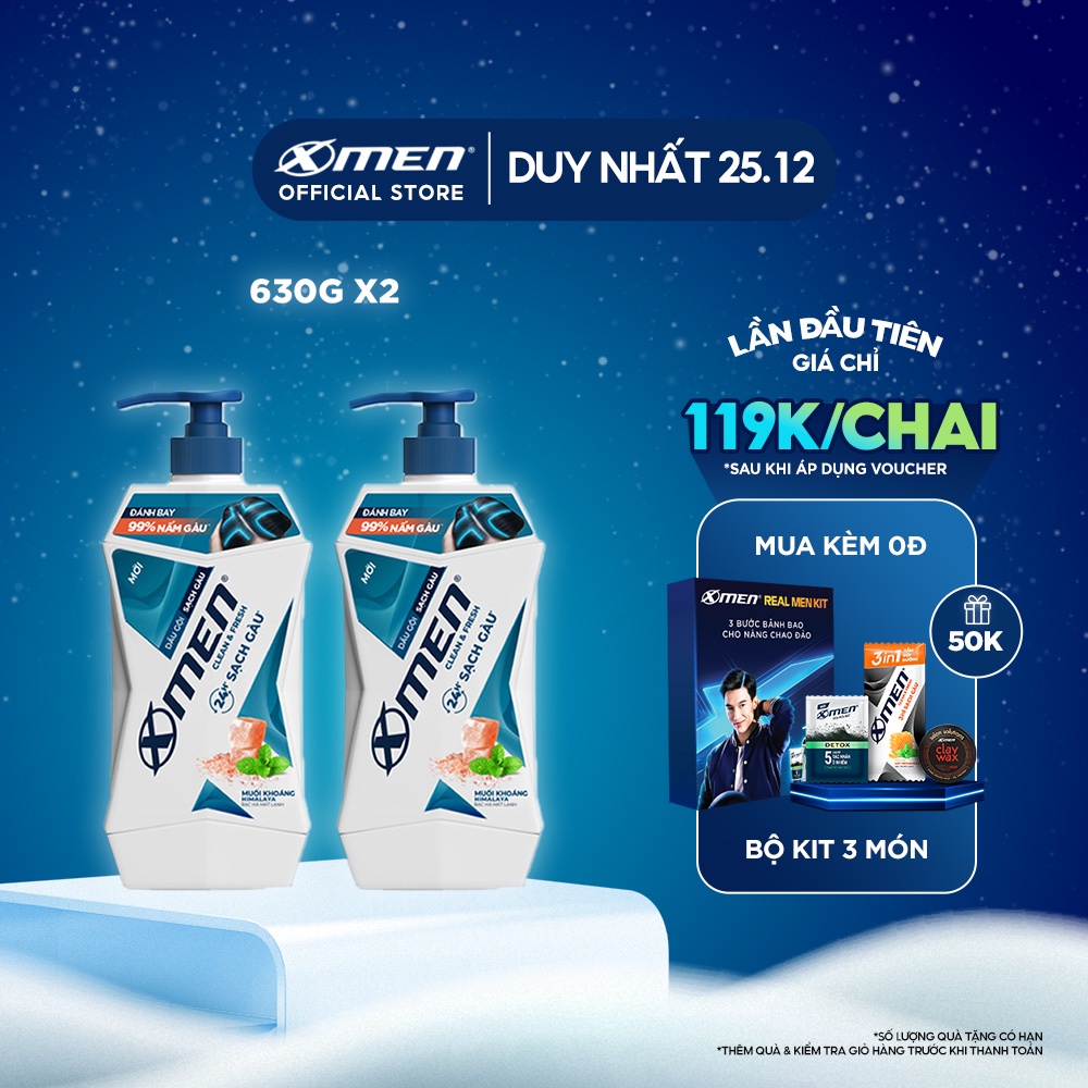 Combo 2 Dầu gội Sạch Gàu X-Men Clean & Fresh 24h Sạch Sâu 630g/chai