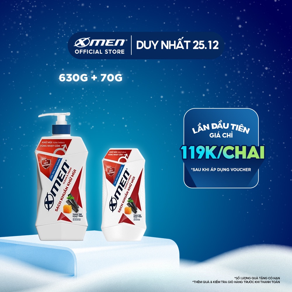 Combo Sữa tắm X-Men Clean & Fresh Sạch Khuẩn Khử Mùi 630g + Sữa tắm X-Men Clean & Fresh Sạch Khuẩn Khử Mùi 70G