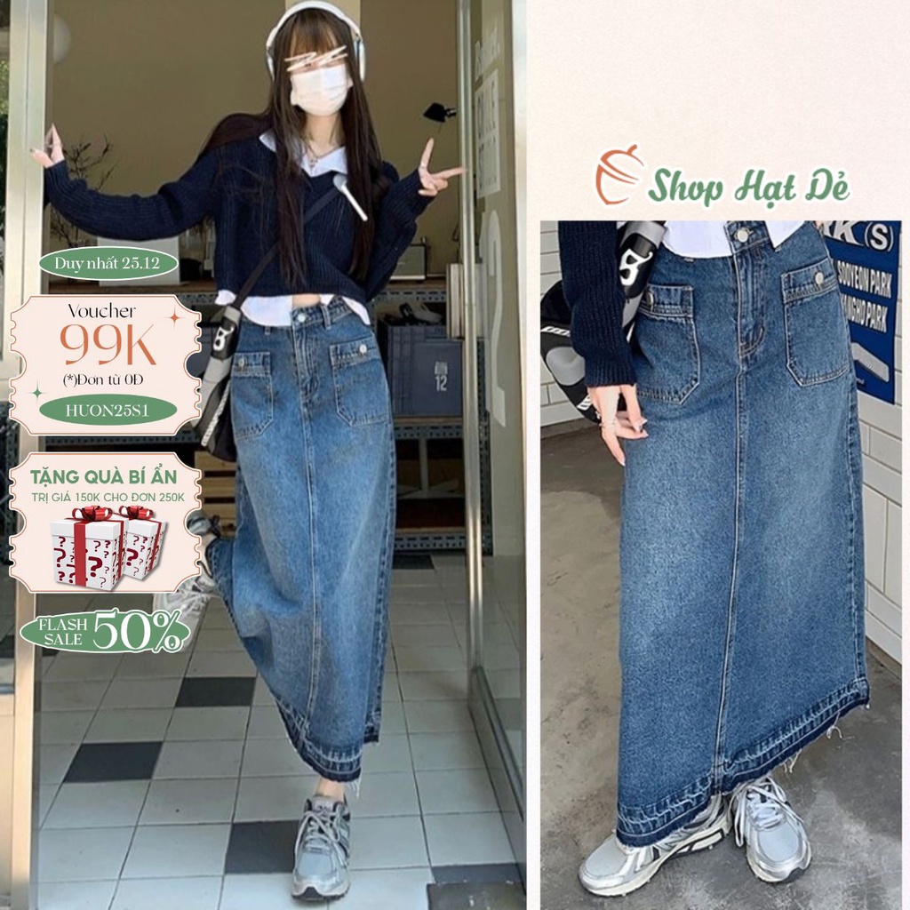 Chân váy jeans dài phong cách Hàn Quốc V3, chân váy dài tua gấu cạp cao Shop Hạt Dẻ