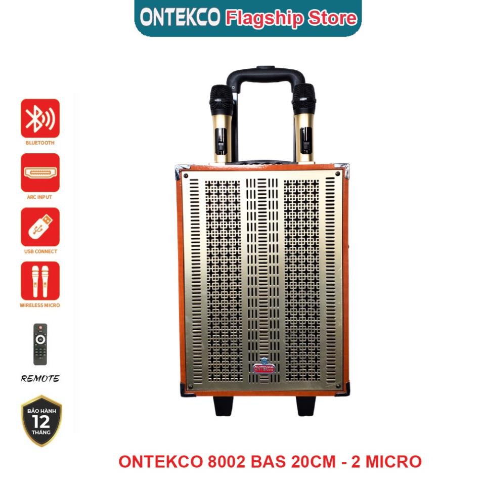 Loa kéo gỗ ONTEKCO 8002 kèm 2 micro không dây chuyên nghiệp, Bass 20 nhỏ gọn công xuất lớn dễ di chuyển