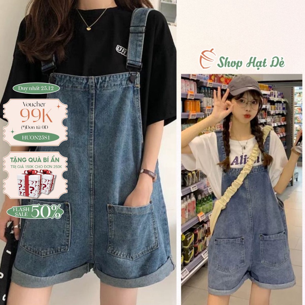 Quần yếm nữ, quần yếm jean dáng ngắn form rộng xanh 2 dây túi trước vải dày dặn không phai màu Shop Hạt Dẻ