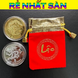 Cặp tiền xu hình con Rồng Úc vàng bạc lì xì tết Giáp Thìn - tặng kèm túi gấm đỏ chữ Phúc sang chảnh