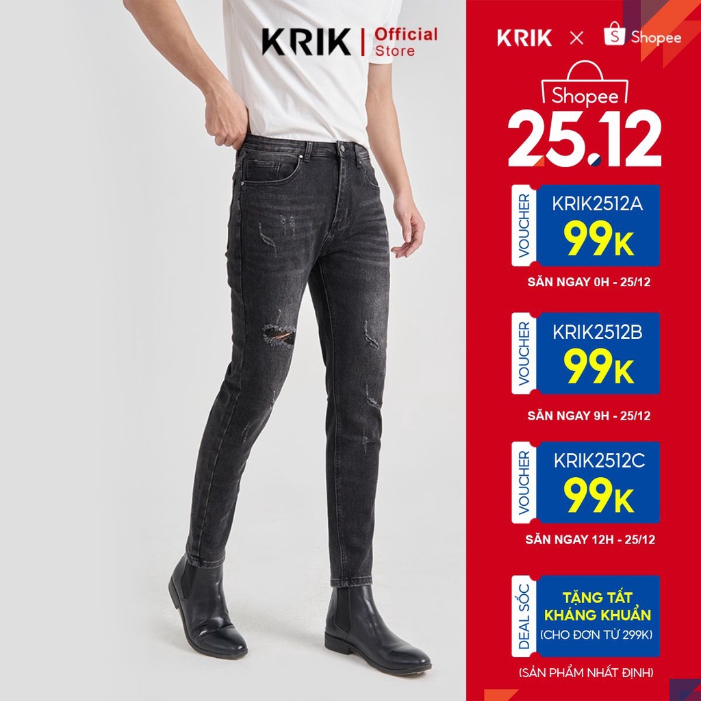 Quần Jean Nam Local Brand KRIK Dáng Slimfit Hàn Quốc, Màu Đen Rách Xước QJ0447