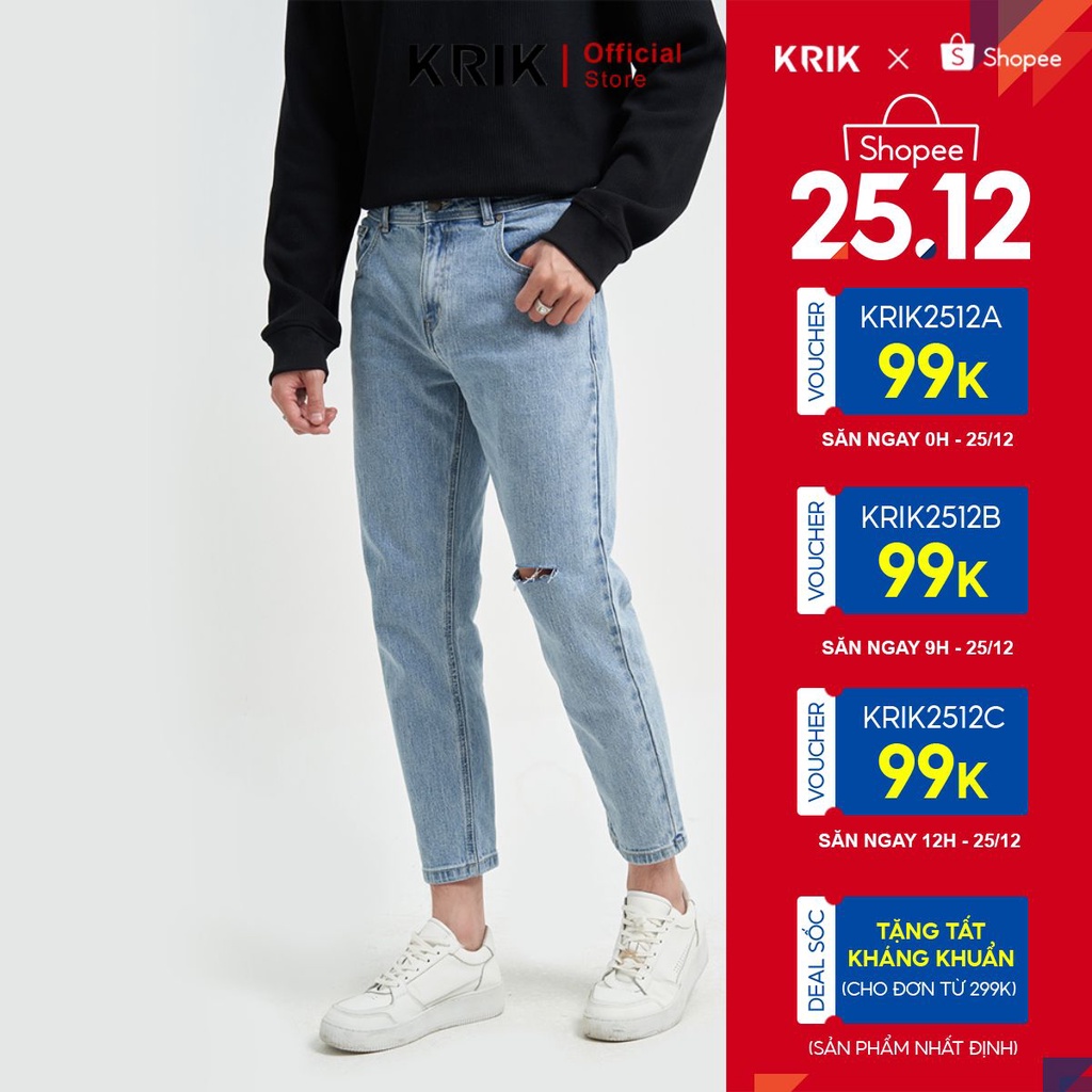 Quần Jean Nam Local Brand KRIK Form Baggy Chất Liệu Cao Cấp Màu Xanh Rách Gối QJ6009