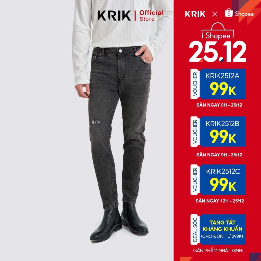 Quần Jean Nam Local Brand KRIK Form Slimfit Chất Liệu Cao Cấp Màu Đen Mài Rách Xước QJ6013