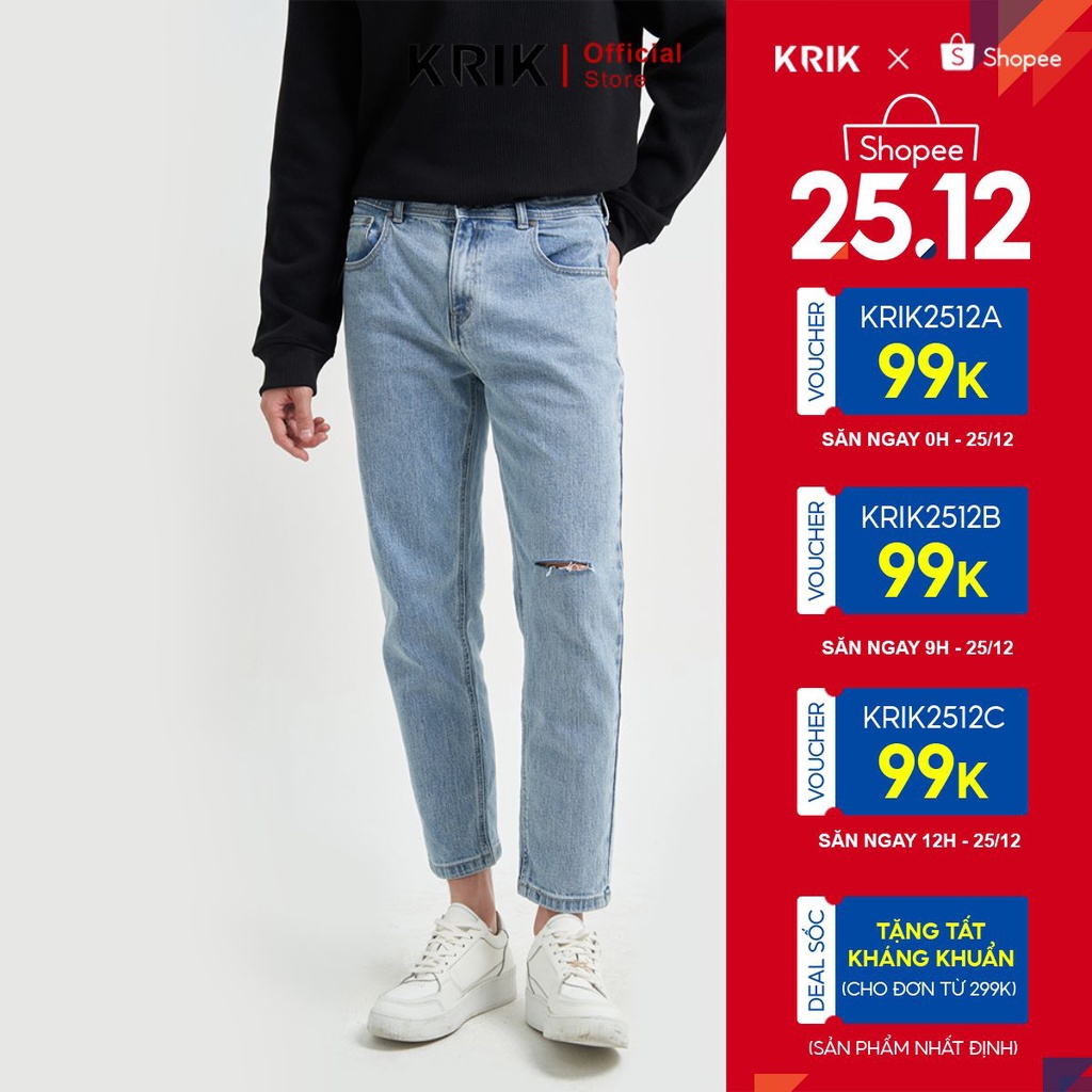 Quần Jean Nam Local Brand KRIK Form Baggy Chất Liệu Jeans Cao Cấp Màu Xanh Rách Gối Trẻ Trung QJ6009