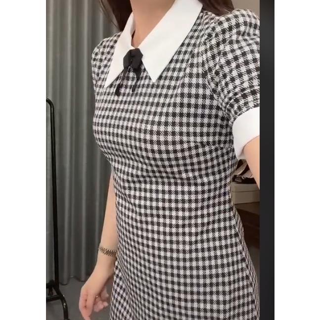 Váy chữ A caro cổ trắng nơ đen $ | BigBuy360 - bigbuy360.vn