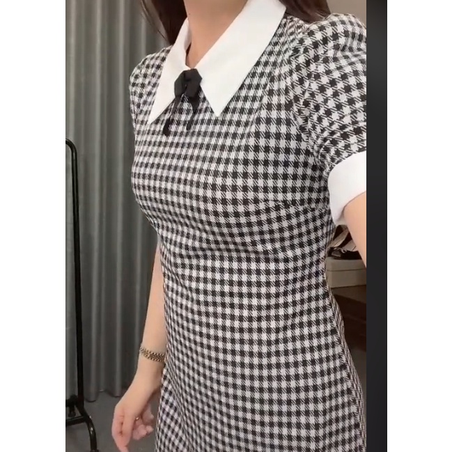 Váy chữ A caro cổ trắng nơ đen $ | BigBuy360 - bigbuy360.vn