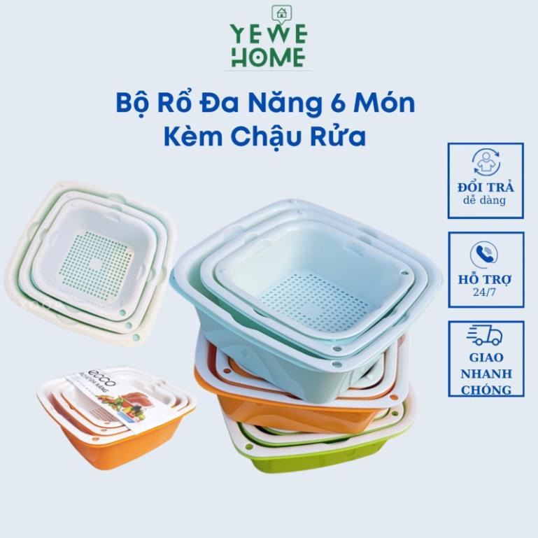 Bộ 6 Món Ecco Rổ Kèm Thau Vuông Chất Liệu Nhựa PP Cao Cấp, Có 3 Size Khác Nhau Tiện Dụng An Toàn Khi