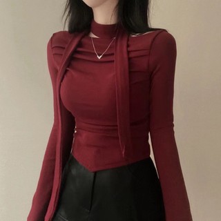 Jiashucheng Áo Thun Tay Dài Ôm Dáng Hở Vai Xếp Ly Quyến Rũ Thời Trang Phong Cách Hàn Quốc Cho Nữ