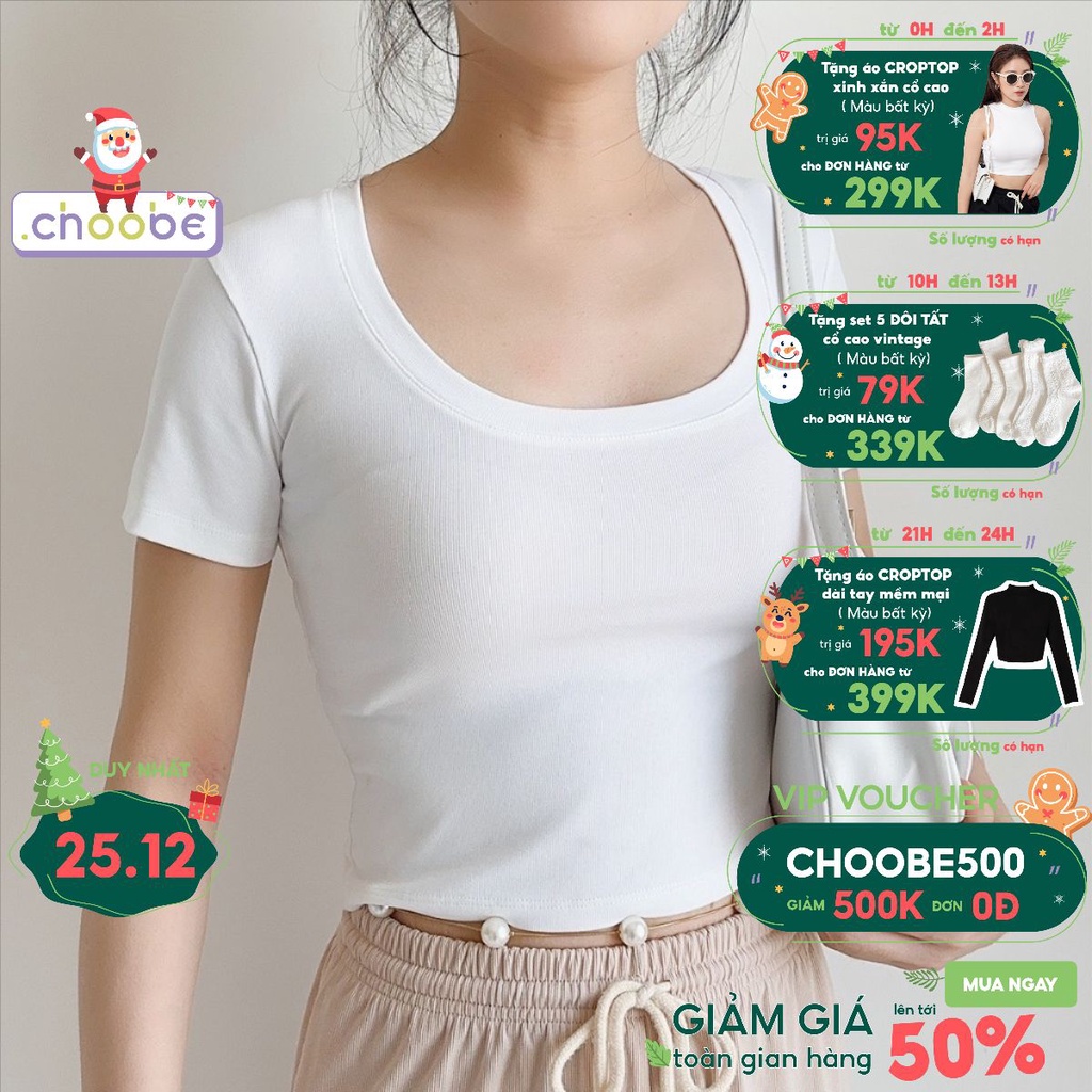 Áo phông nữ Choobe cổ tròn sâu cộc tay form đẹp thun trơn co giãn tốt thời trang phong cách A101