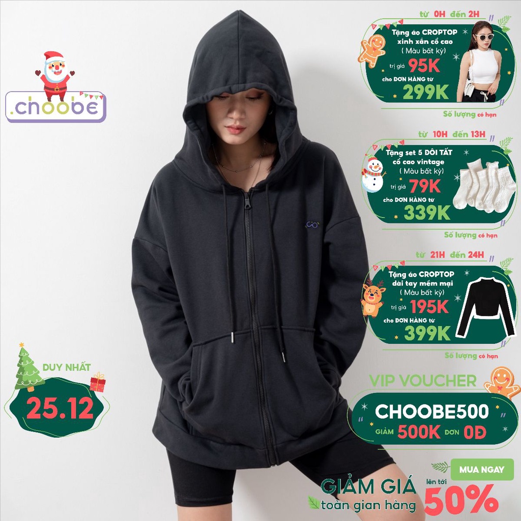 Áo khoác hoodie kéo khóa Choobe trơn unisex ulzzang có mũ form dáng rộng nỉ bông dày dặn thêu chữ A69
