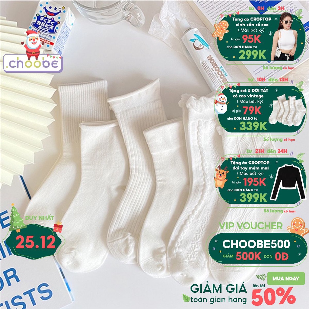 Tất nữ Choobe cổ cao vintage dễ thương chất cotton co giãn 4 chiều thoáng khí phong cách màu trắng PK20