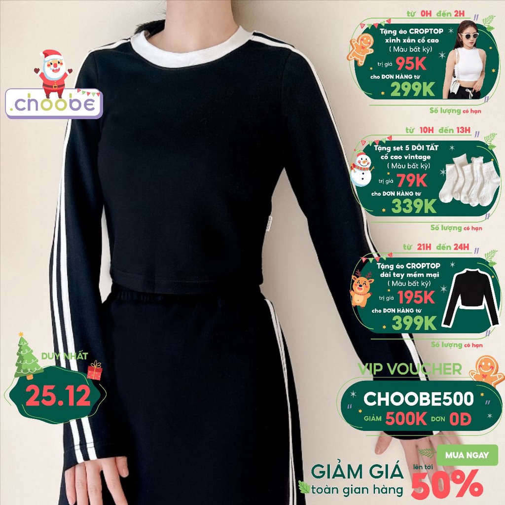 Áo croptop thể thao nữ Choobe cổ tròn dài tay giữ nhiệt kiểu ôm body vải dày dặn A112