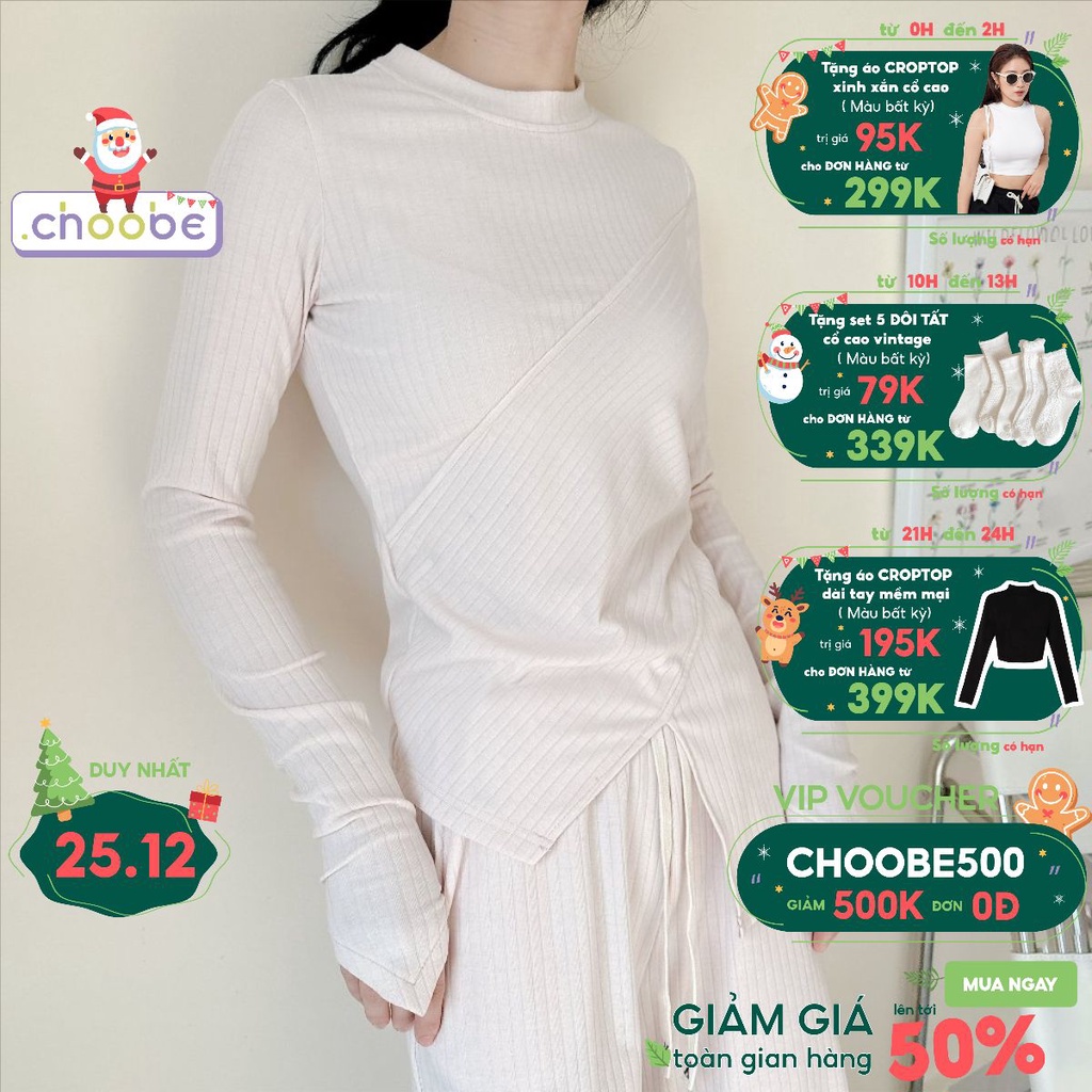 Áo dài tay nữ Choobe cổ tròn vạt chéo xẻ tà vải len gân kiểu tay siêu dài giữ nhiệt A118