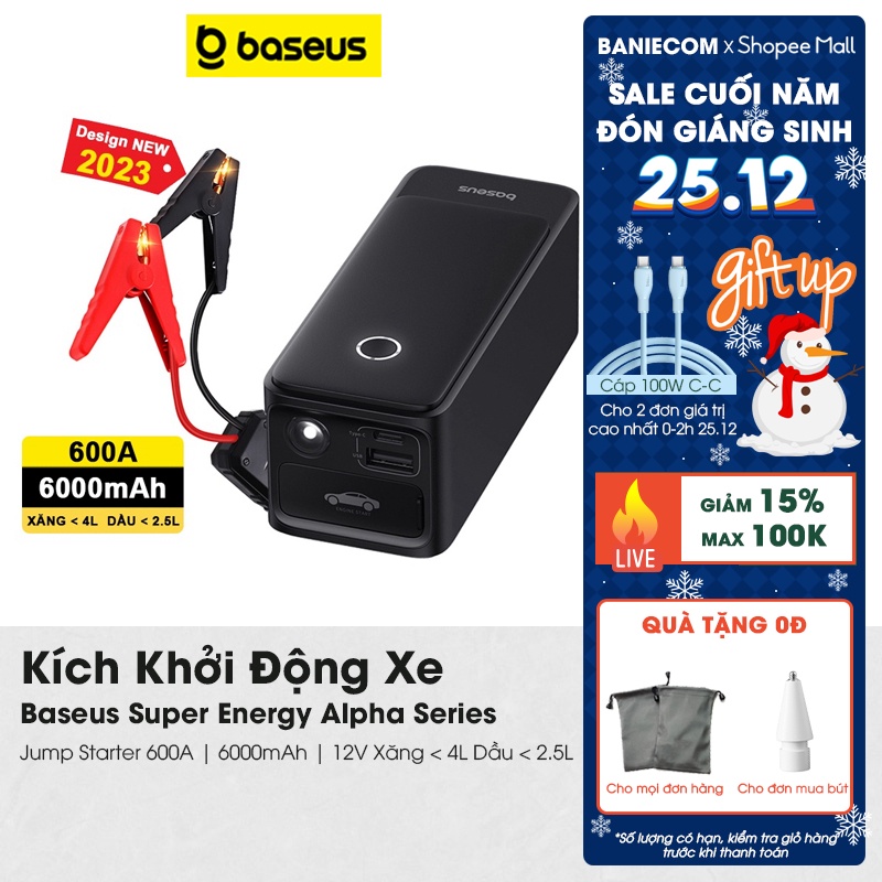 Kích khởi động xe hơi Baseus Mini Car Jump Started 600A 6000mAh cho xe Xăng < 4L và Dầu < 2.5L - BANIECOM