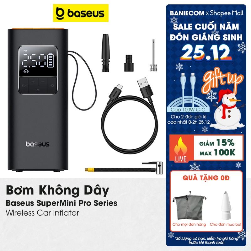 Máy Bơm Lốp Không Dây Baseus SuperMini Pro Series 50W 4000mAh Wireless Car Inflator BS-CG016 BANIECOM MALL