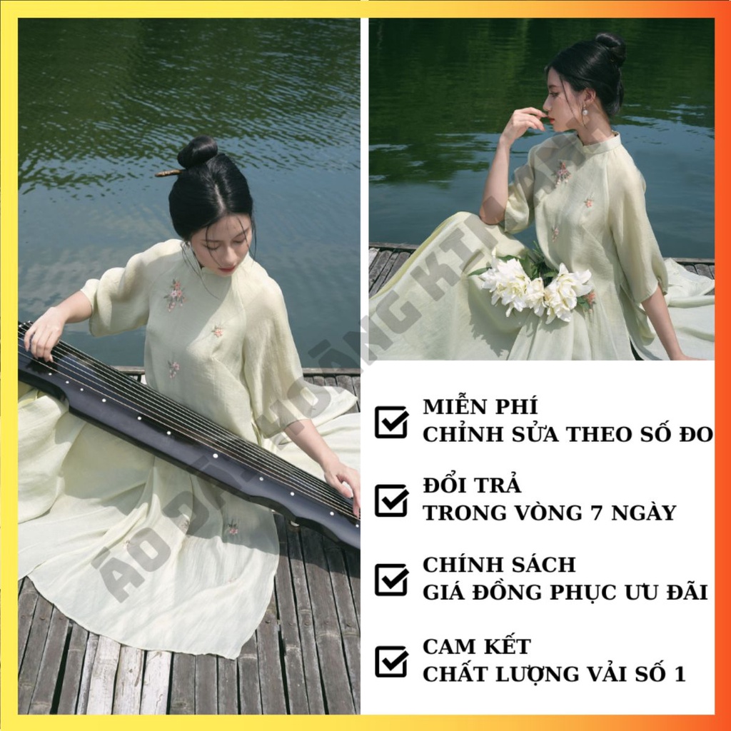 ÁO DÀI CÁCH TÂN 4 TÀ, CHẤT LIỆU TƠ THÊU HOA CAO CẤP THIẾT KẾ MỚI LẠ MÀU XANH CỐM, ÁO DÀI MẶC TẾT TRUYỀN THỐNG