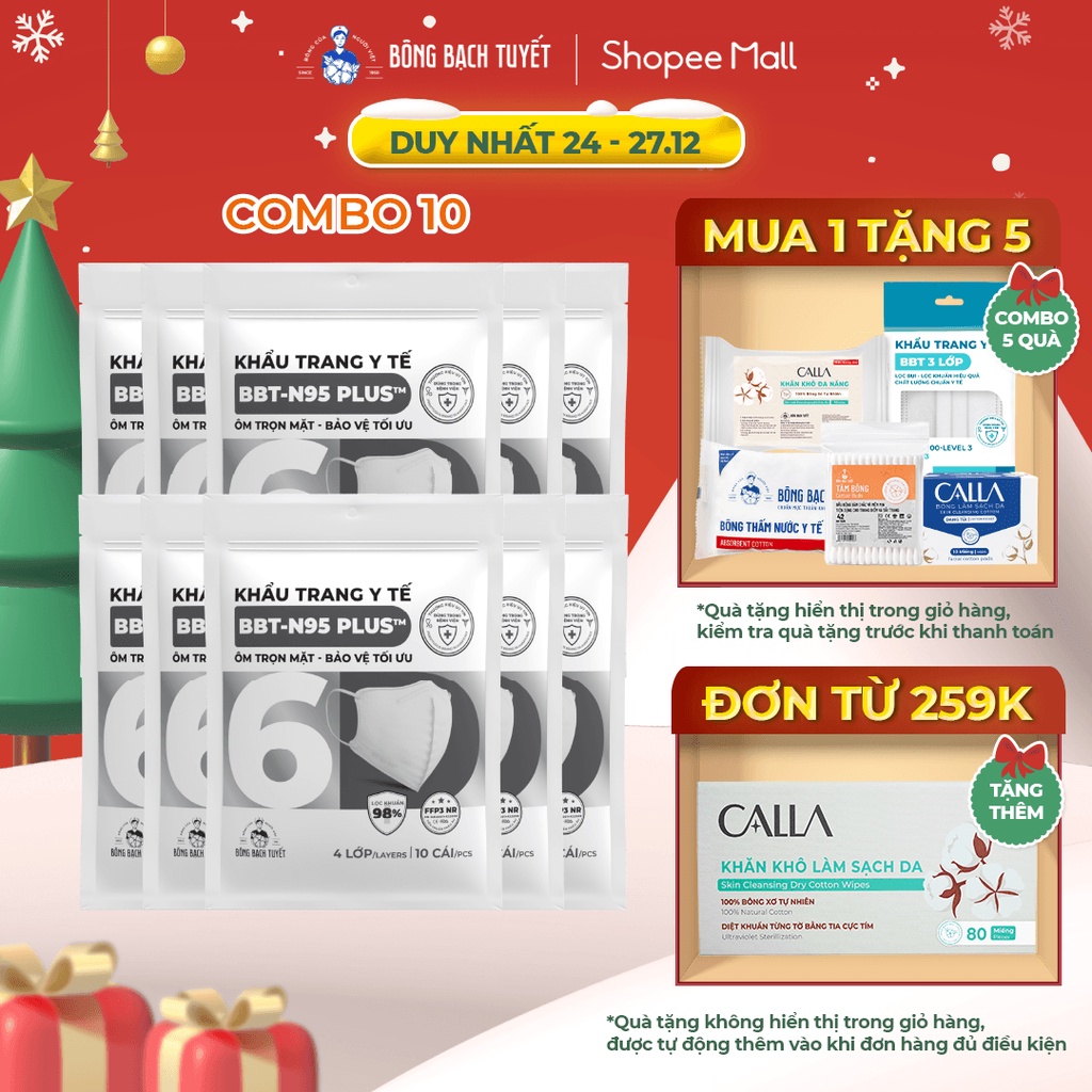 Combo 10 Khẩu trang Bông Bạch Tuyết N95 Plus 4 lớp bảo vệ tối ưu (10 cái/gói)