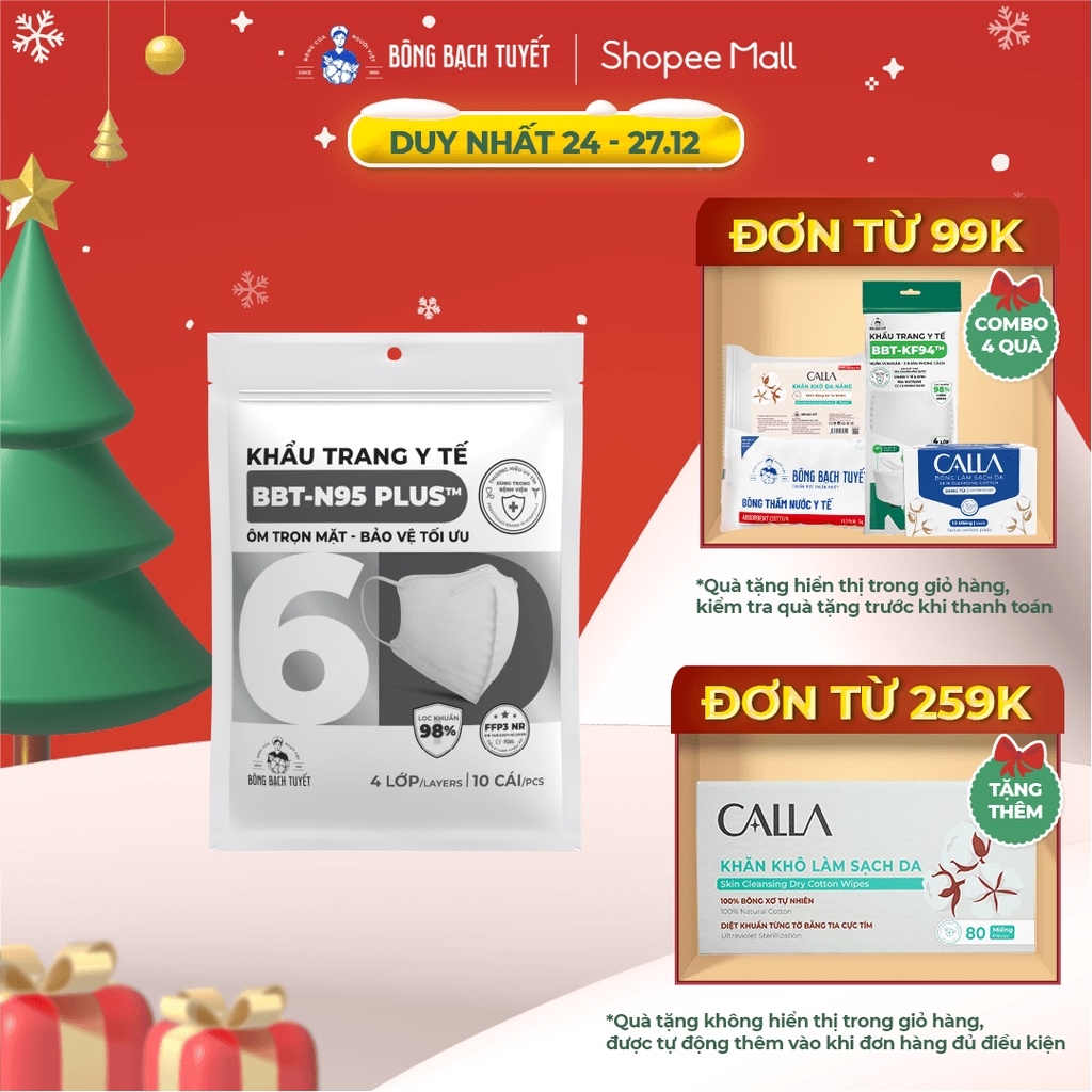 Khẩu trang Bông Bạch Tuyết N95 Plus 4 lớp bảo vệ tối ưu (10 cái/gói)