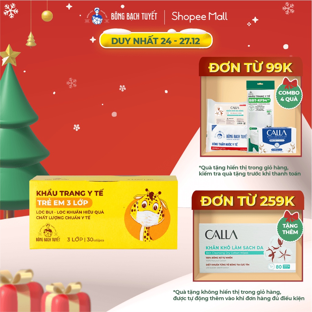 Khẩu trang Bông Bạch Tuyết Trẻ Em 3 lớp (30 cái/hộp) (Trắng)