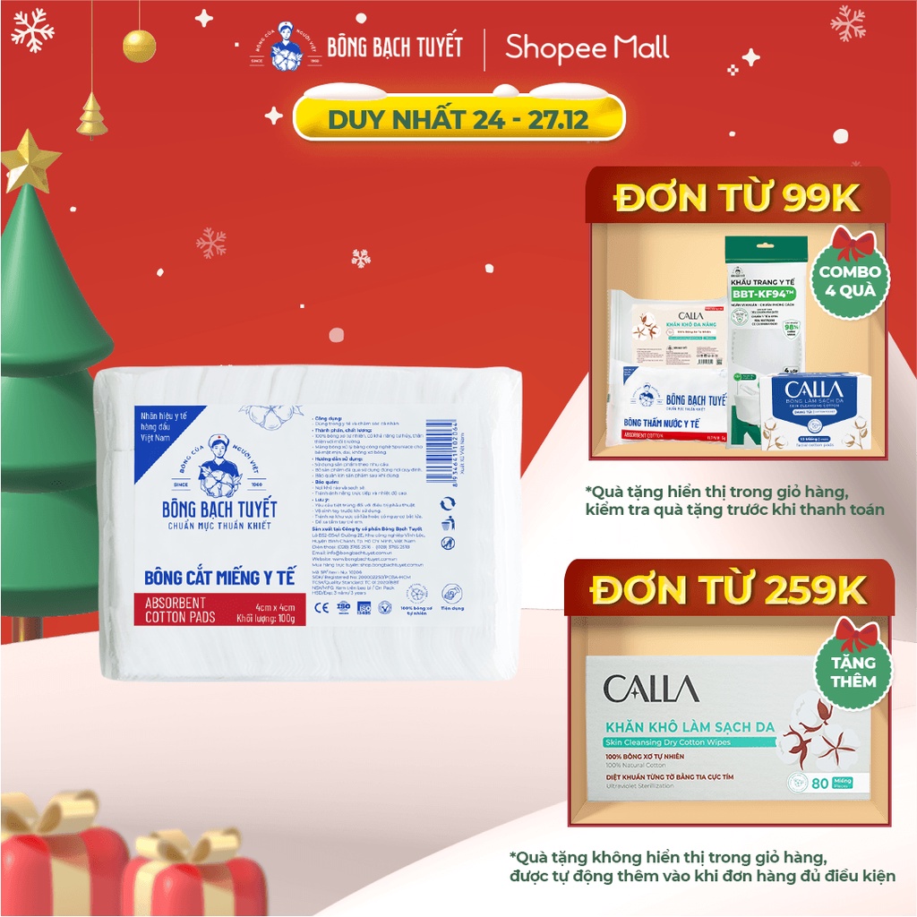 Bông cắt y tế Bông Bạch Tuyết 4cm x 4cm (100gr)